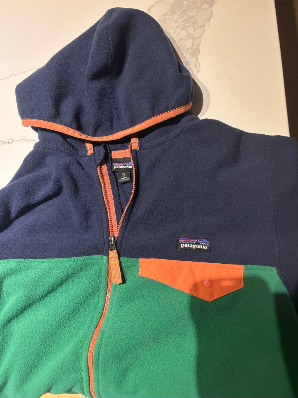 Patagonia Kids Colorblock Puffer fleece - Navy, Green & coral Orange Trim
